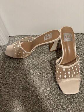 Dolce Vita Nude Pearl-Studded Mesh Slide Mules